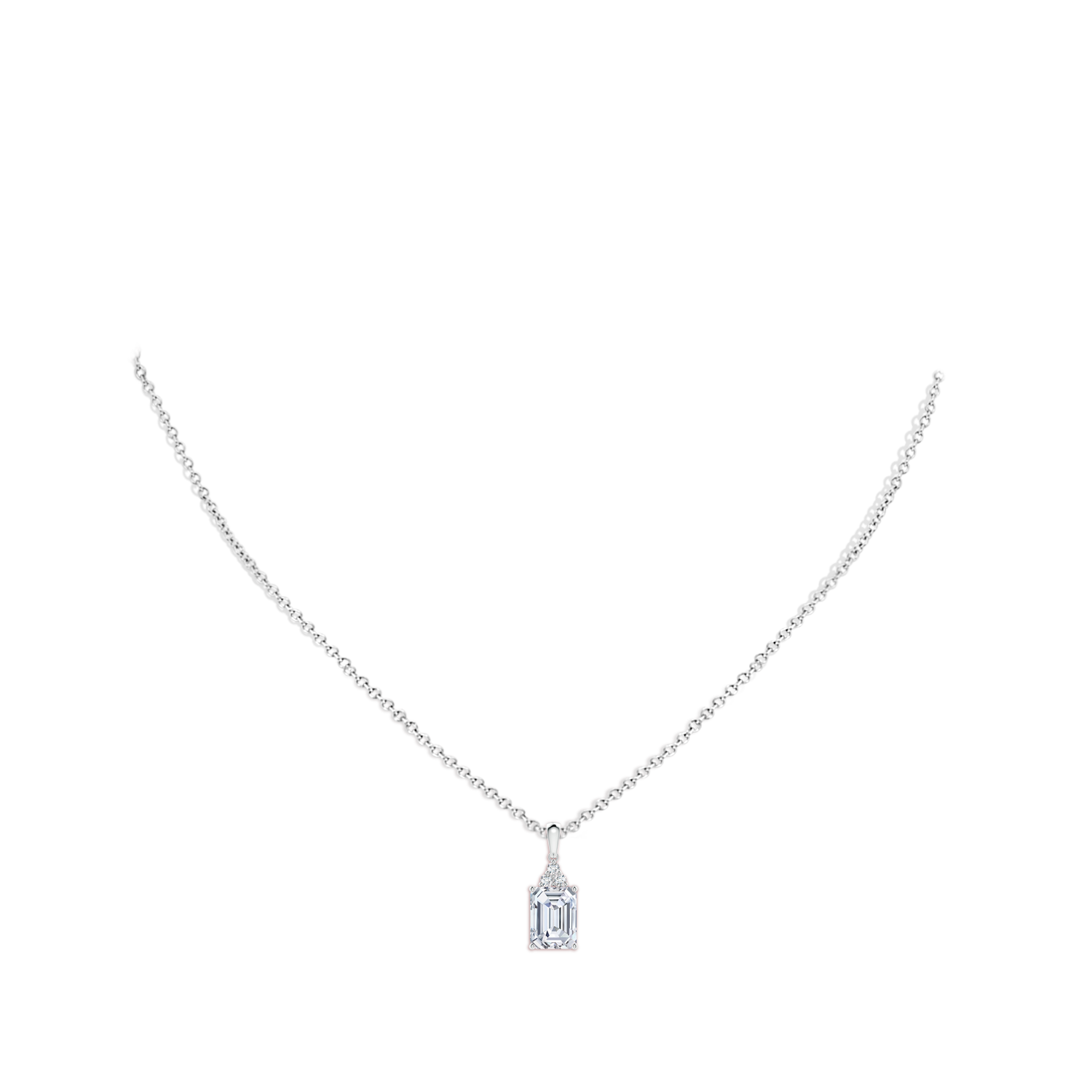 8x6mm FGVS Lab-Grown Emerald-Cut Diamond Pendant with Diamond Trio in White Gold - body_neck