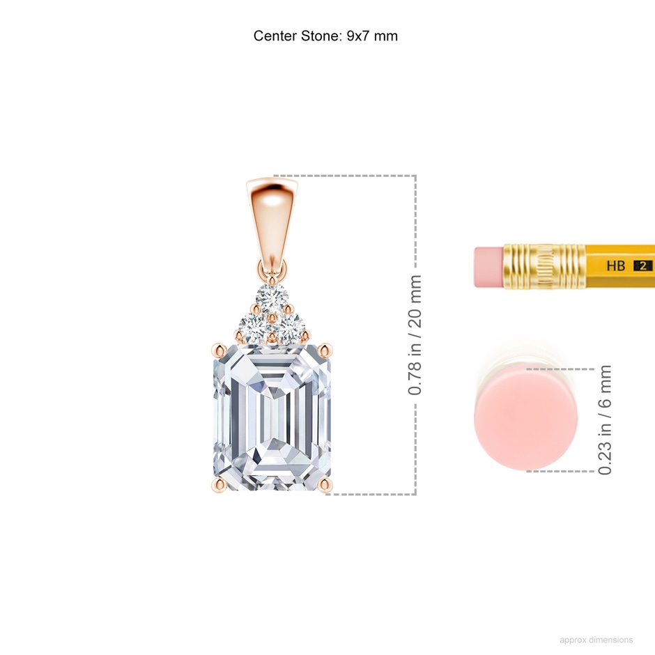 9x7mm FGVS Lab-Grown Emerald-Cut Diamond Pendant with Diamond Trio in Rose Gold ruler