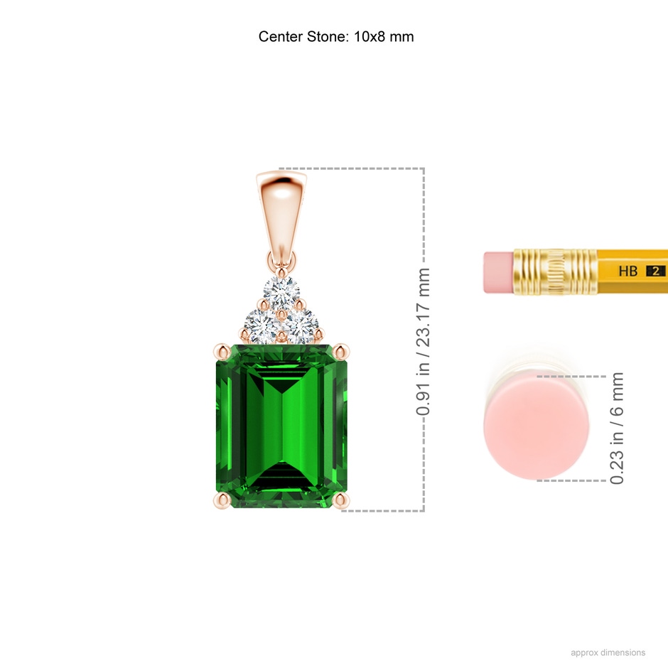 10x8mm Labgrown Lab-Grown Emerald-Cut Emerald Pendant with Lab Diamond Trio in Rose Gold ruler