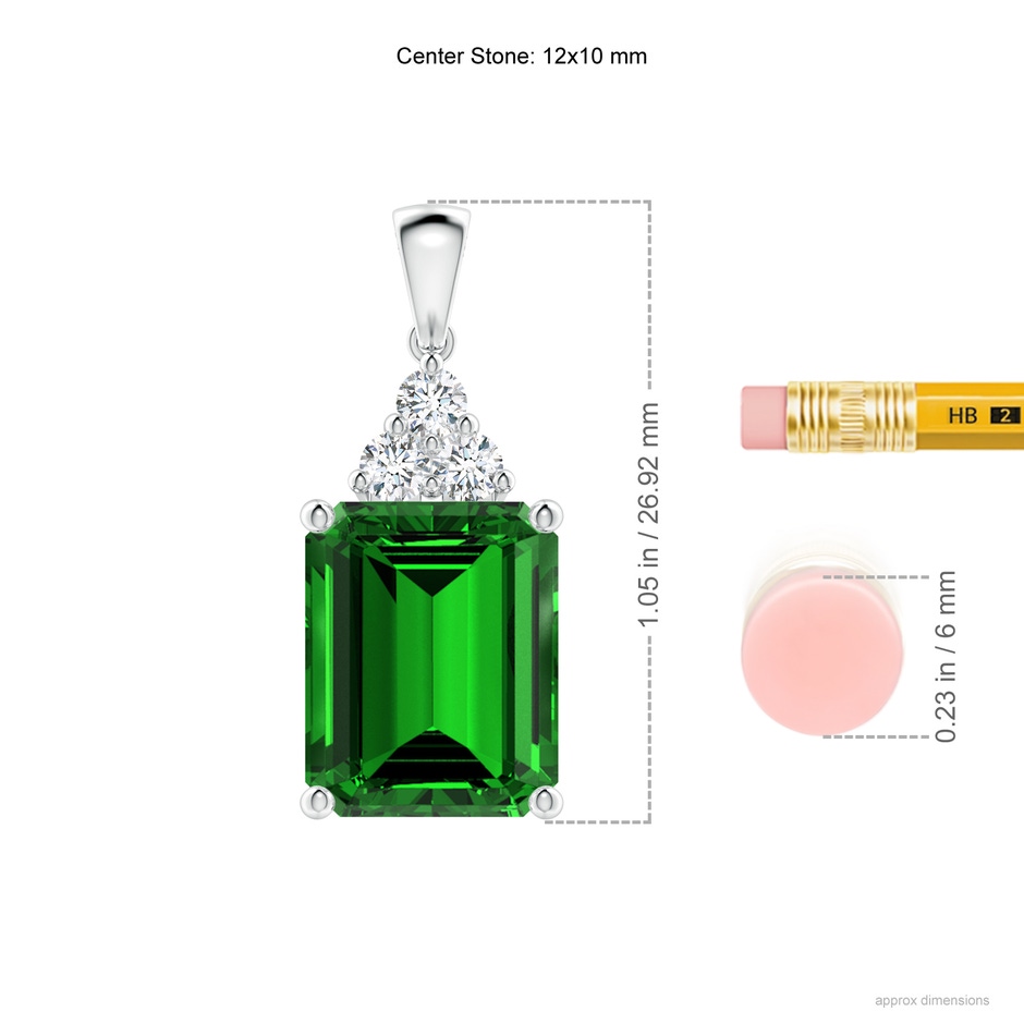 12x10mm Labgrown Lab-Grown Emerald-Cut Emerald Pendant with Lab Diamond Trio in S999 Silver ruler