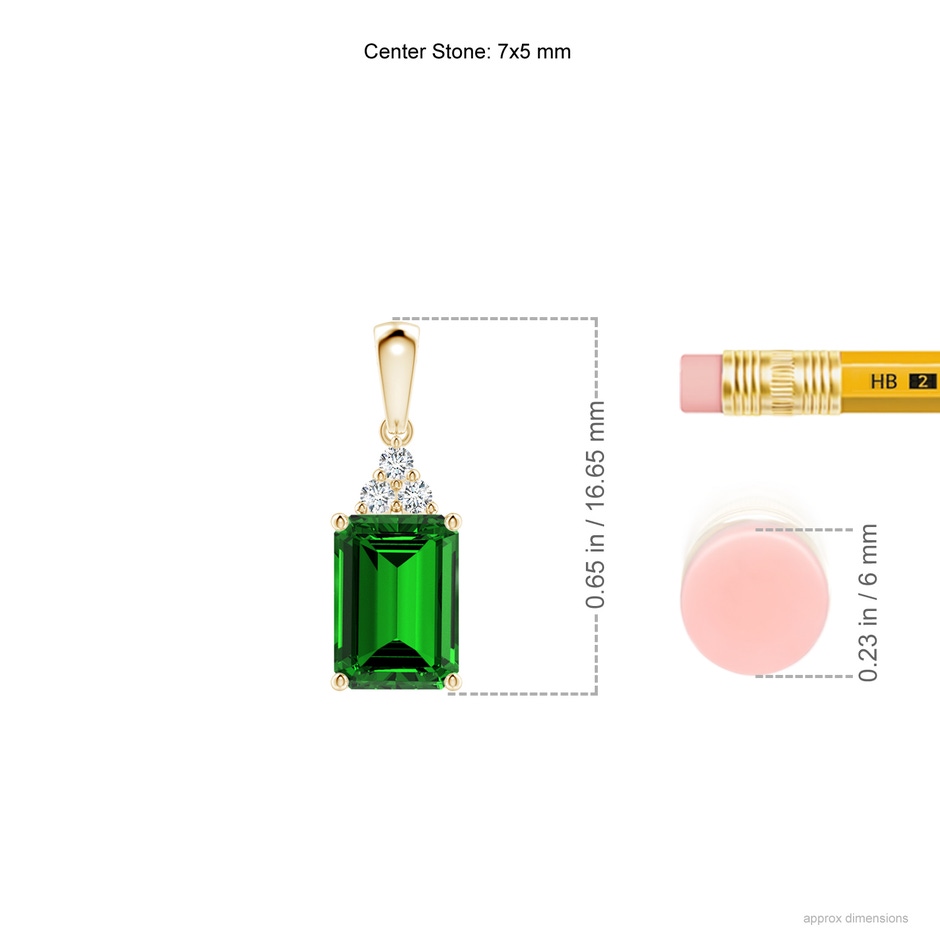 7x5mm Labgrown Lab-Grown Emerald-Cut Emerald Pendant with Lab Diamond Trio in Yellow Gold ruler