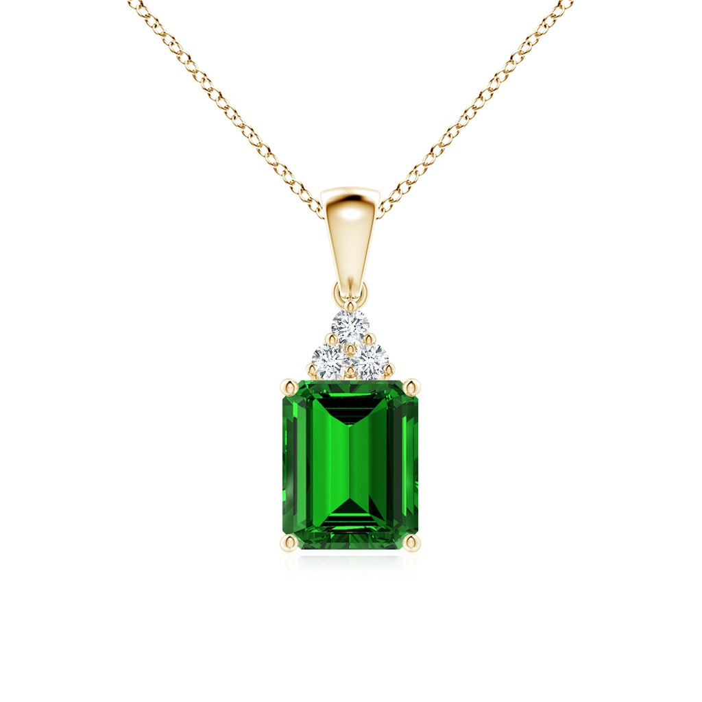 9x7mm Labgrown Lab-Grown Emerald-Cut Emerald Pendant with Lab Diamond Trio in 9K Yellow Gold