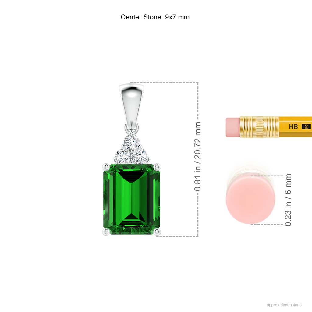 9x7mm Labgrown Lab-Grown Emerald-Cut Emerald Pendant with Lab Diamond Trio in White Gold ruler