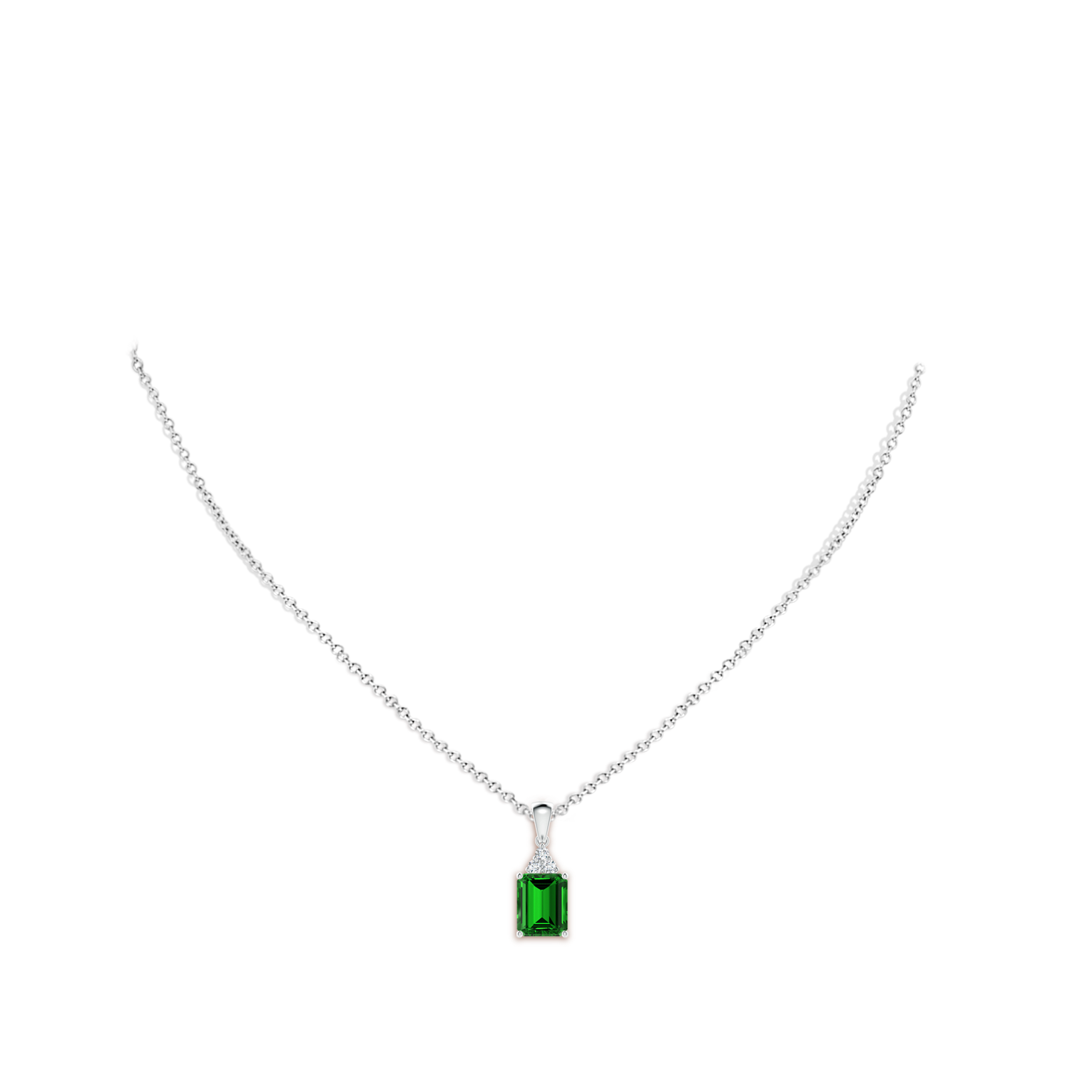 9x7mm Labgrown Lab-Grown Emerald-Cut Emerald Pendant with Lab Diamond Trio in White Gold - body_neck
