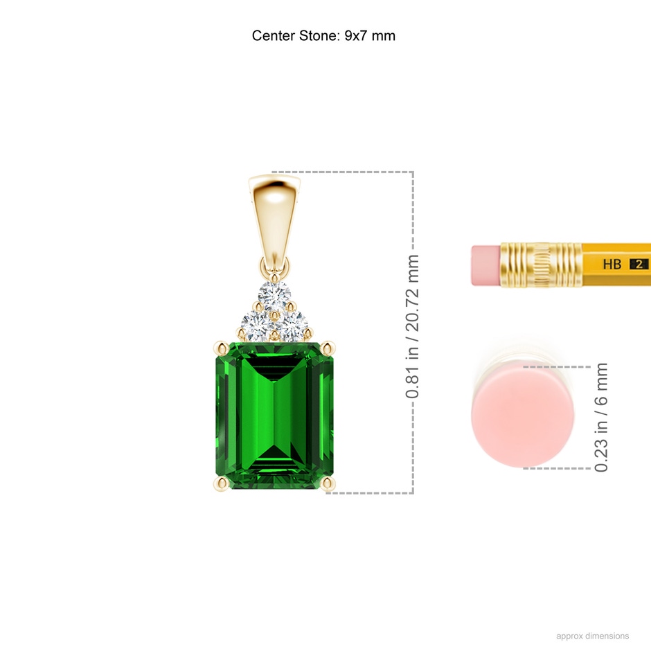 9x7mm Labgrown Lab-Grown Emerald-Cut Emerald Pendant with Lab Diamond Trio in Yellow Gold ruler