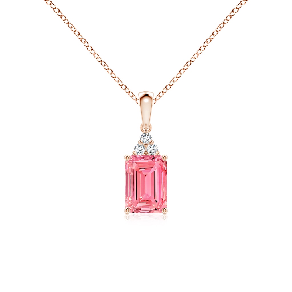 7x5mm Labgrown Emerald-Cut Lab-Grown Fancy Intense Pink Diamond Pendant with Trio Accents in Rose Gold