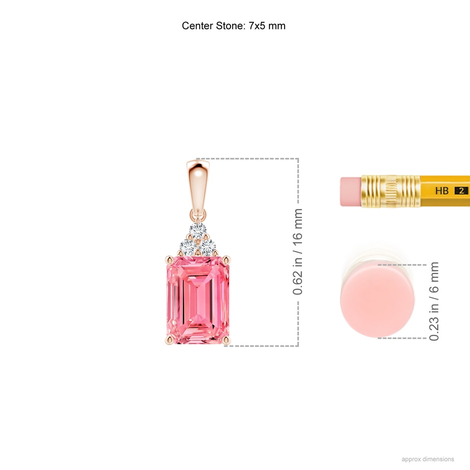 7x5mm Labgrown Emerald-Cut Lab-Grown Fancy Intense Pink Diamond Pendant with Trio Accents in Rose Gold ruler