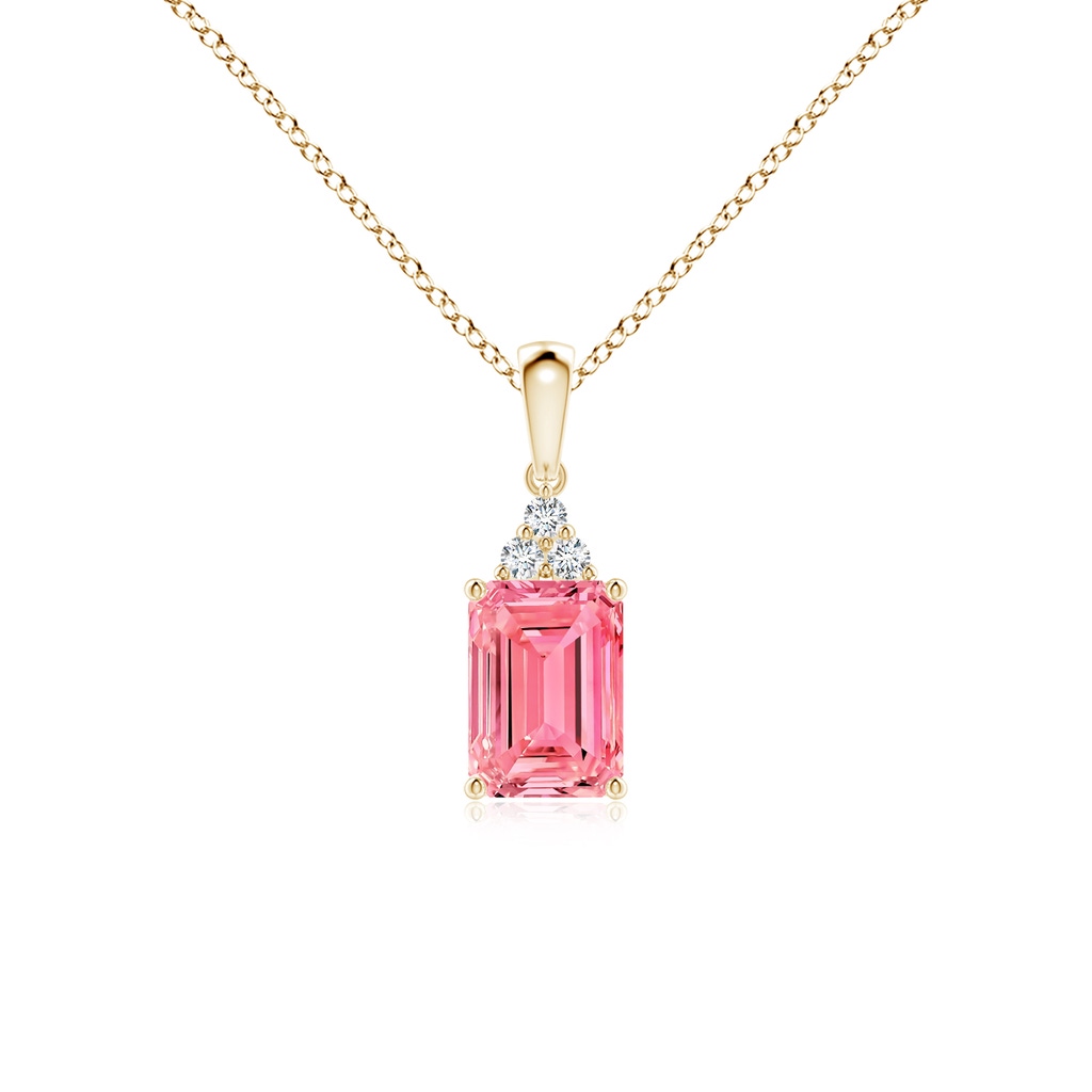 7x5mm Labgrown Emerald-Cut Lab-Grown Fancy Intense Pink Diamond Pendant with Trio Accents in Yellow Gold