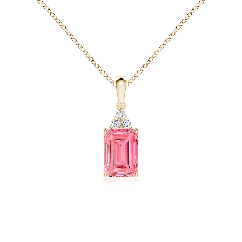 7x5mm Labgrown Emerald-Cut Lab-Grown Fancy Intense Pink Diamond Pendant with Trio Accents in Yellow Gold 