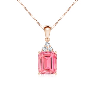 9x7mm Labgrown Emerald-Cut Lab-Grown Fancy Intense Pink Diamond Pendant with Trio Accents in Rose Gold