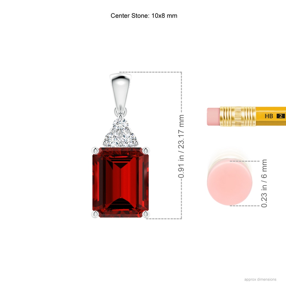 10x8mm Labgrown Lab-Grown Emerald-Cut Ruby Pendant with Lab Diamond Trio in White Gold ruler