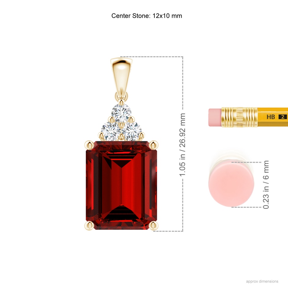 12x10mm Labgrown Lab-Grown Emerald-Cut Ruby Pendant with Lab Diamond Trio in Yellow Gold ruler