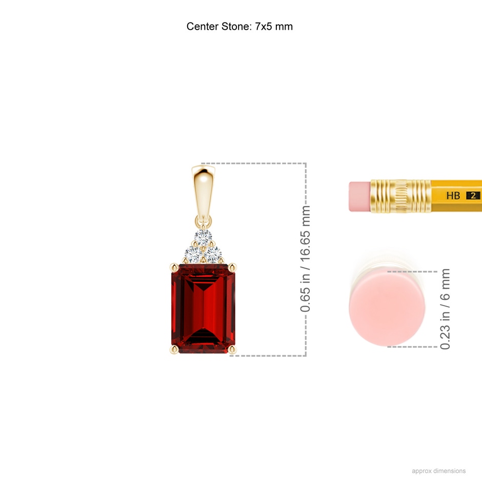 7x5mm Labgrown Lab-Grown Emerald-Cut Ruby Pendant with Lab Diamond Trio in Yellow Gold ruler