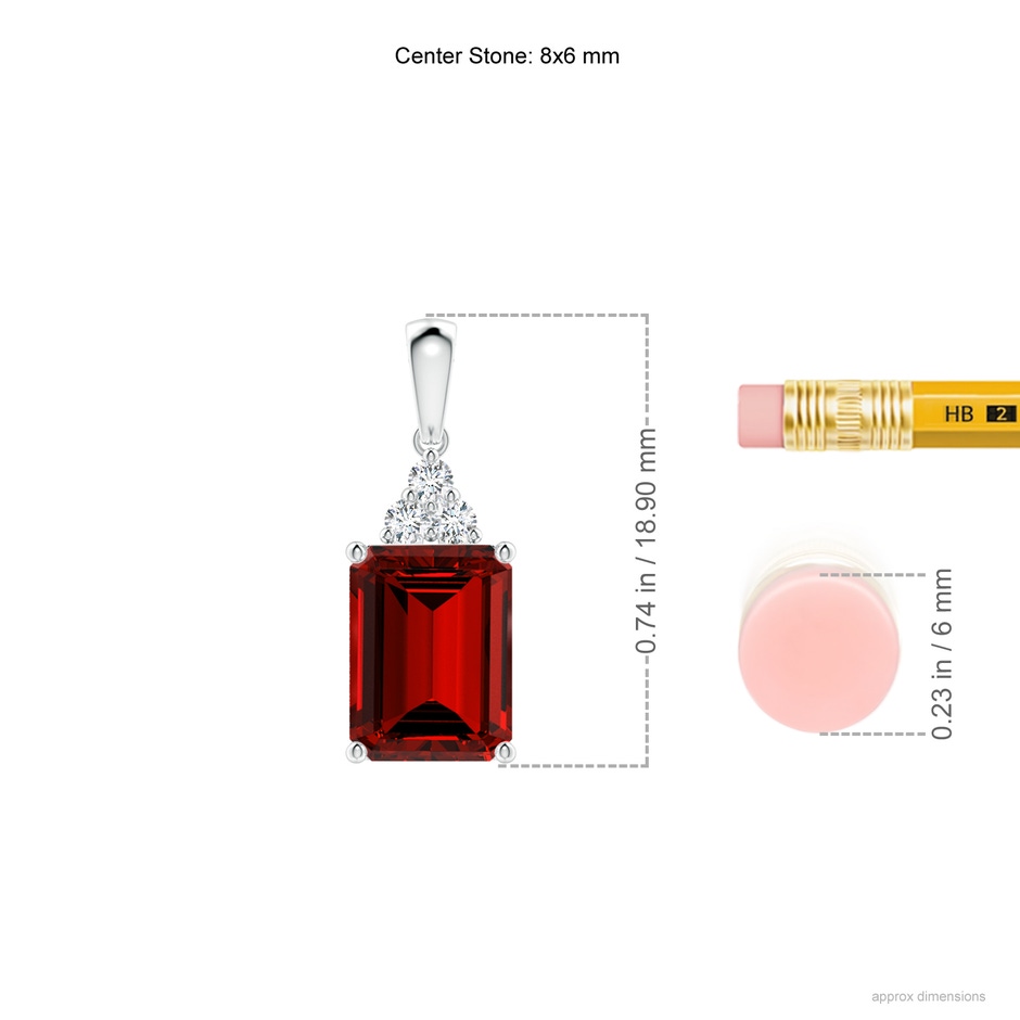 8x6mm Labgrown Lab-Grown Emerald-Cut Ruby Pendant with Lab Diamond Trio in S999 Silver ruler