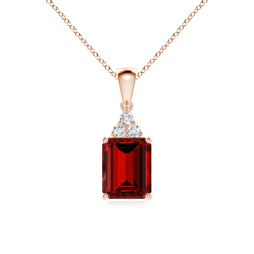 9x7mm Labgrown Lab-Grown Emerald-Cut Ruby Pendant with Diamond Trio in 9K Rose Gold