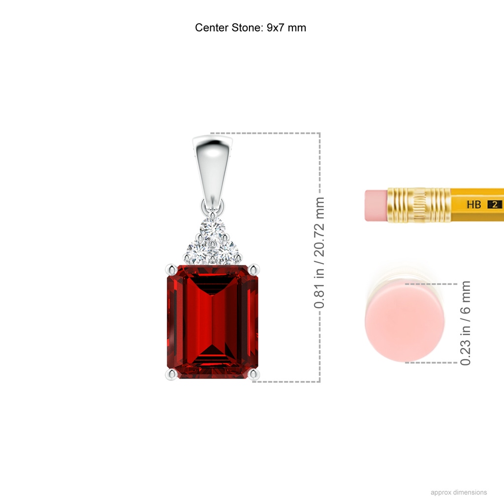 9x7mm Labgrown Lab-Grown Emerald-Cut Ruby Pendant with Diamond Trio in White Gold ruler