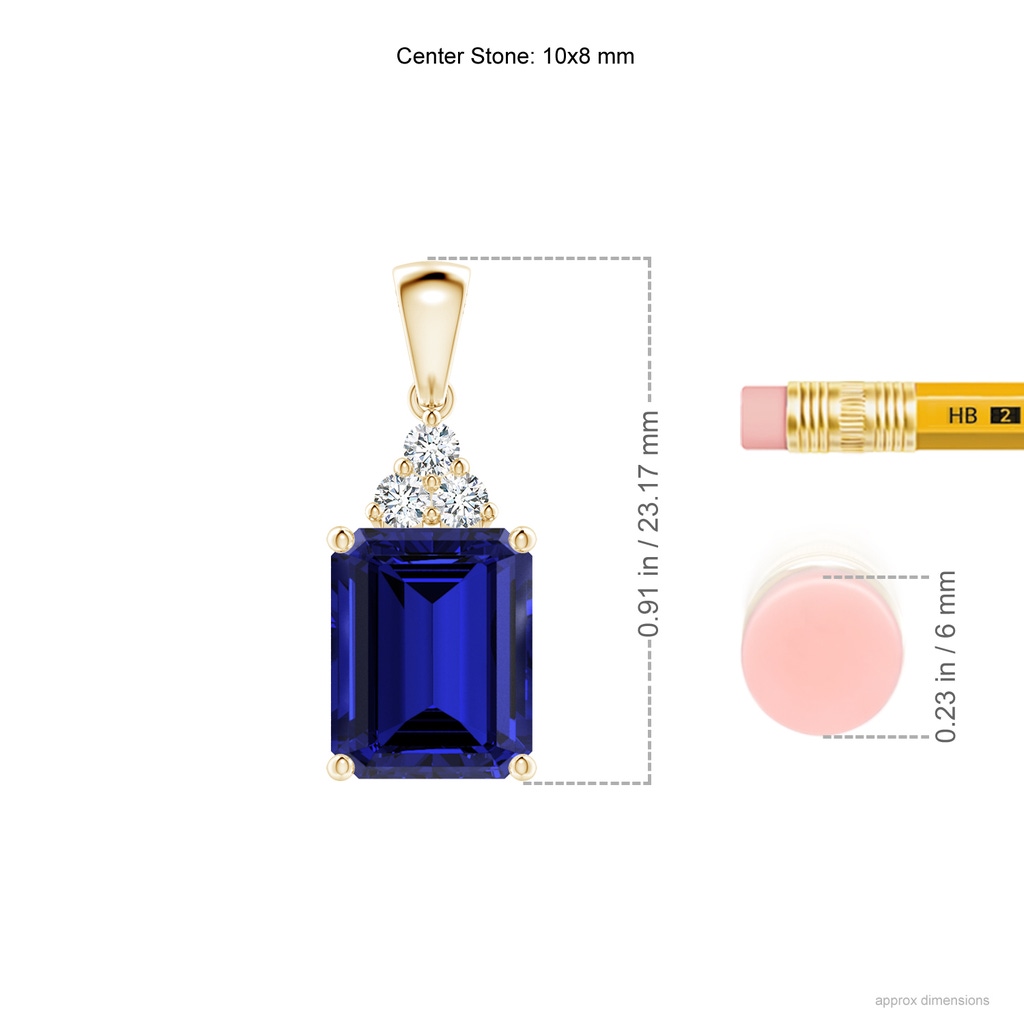 10x8mm Labgrown Lab-Grown Emerald-Cut Blue Sapphire Pendant with Diamond Trio in Yellow Gold ruler