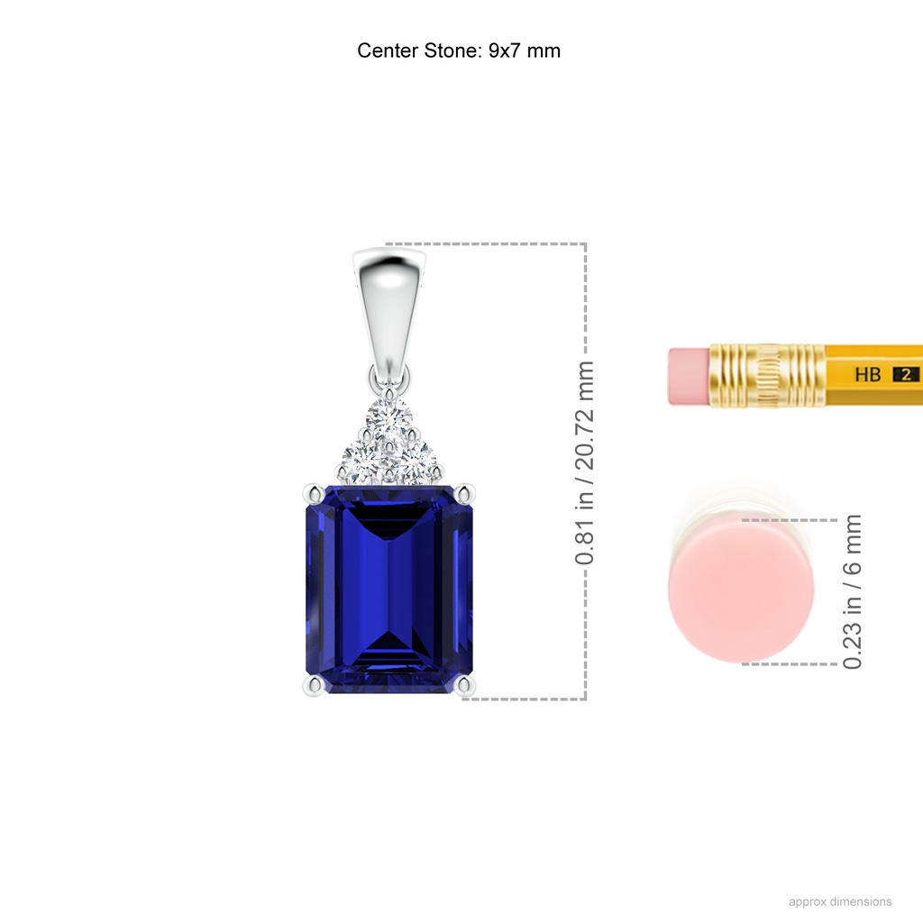 9x7mm Labgrown Lab-Grown Emerald-Cut Blue Sapphire Pendant with Diamond Trio in White Gold ruler