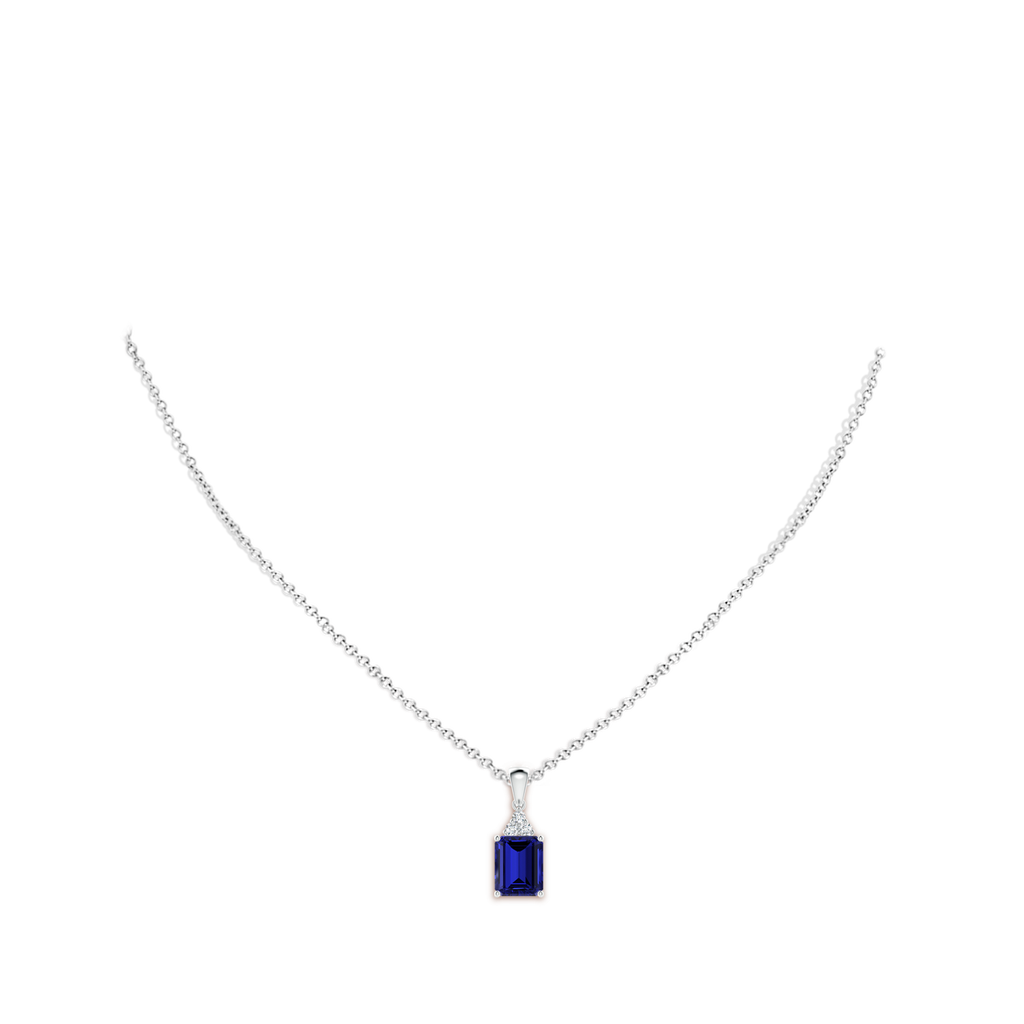 9x7mm Labgrown Lab-Grown Emerald-Cut Blue Sapphire Pendant with Diamond Trio in White Gold pen