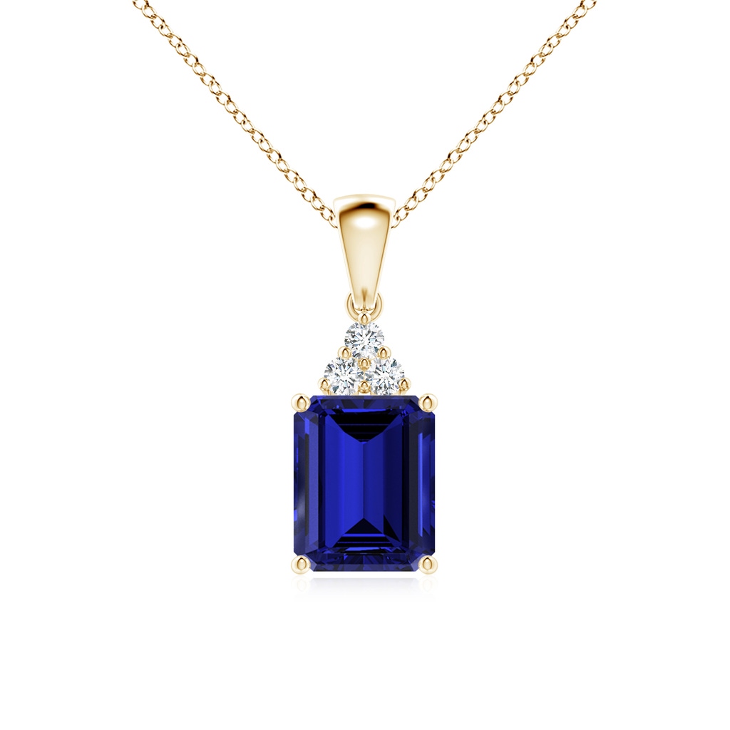 9x7mm Labgrown Lab-Grown Emerald-Cut Blue Sapphire Pendant with Diamond Trio in Yellow Gold