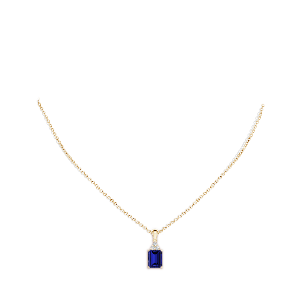 9x7mm Labgrown Lab-Grown Emerald-Cut Blue Sapphire Pendant with Diamond Trio in Yellow Gold pen