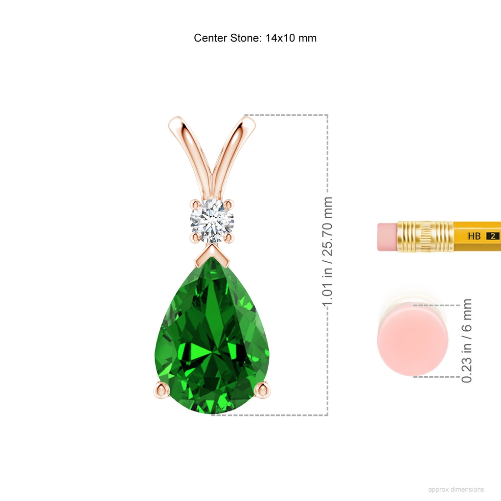 14x10mm Labgrown Lab-Grown Emerald Teardrop Pendant with Diamond in Rose Gold ruler