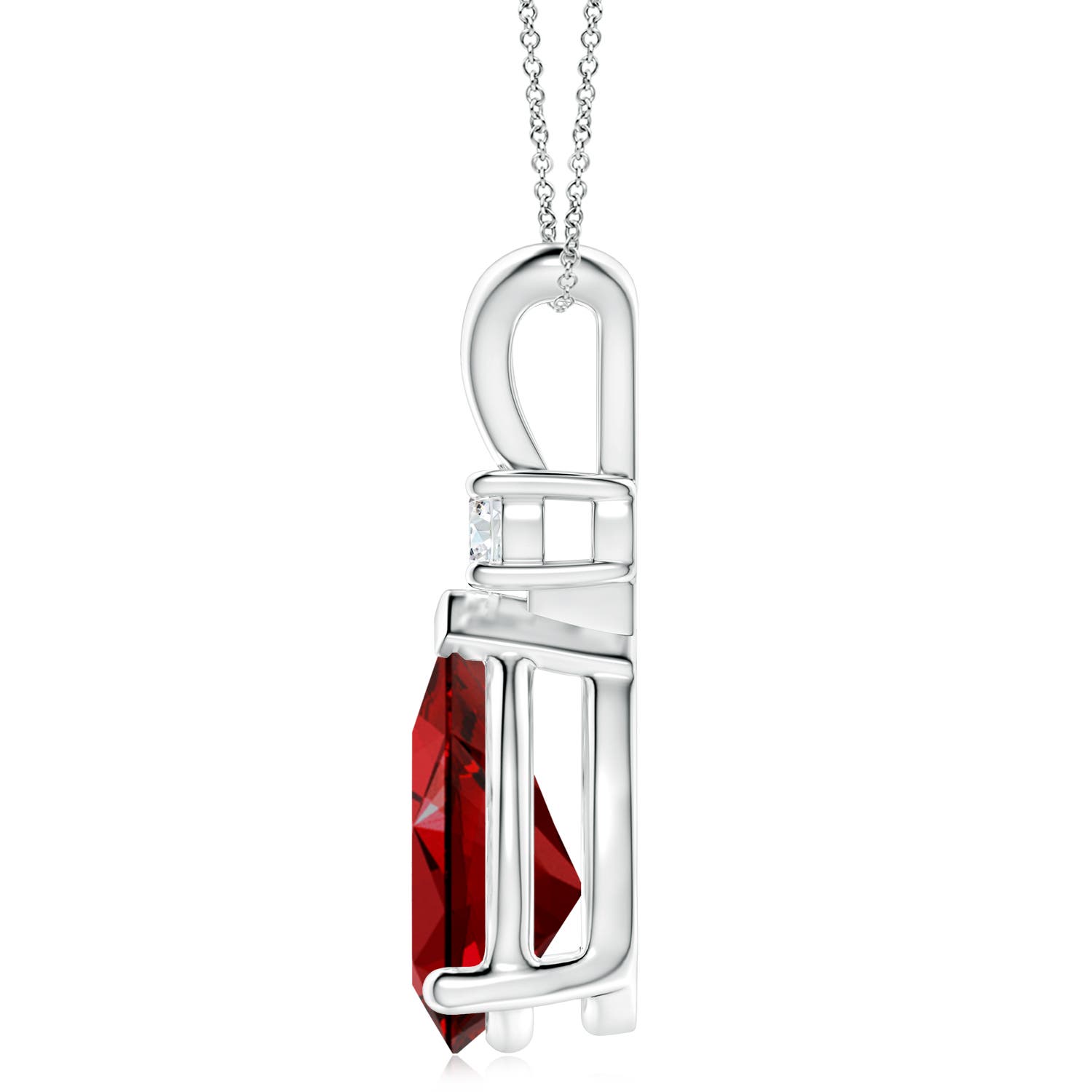 Prong-Set Lab-Grown Ruby Teardrop V-Bale Pendant with Diamond