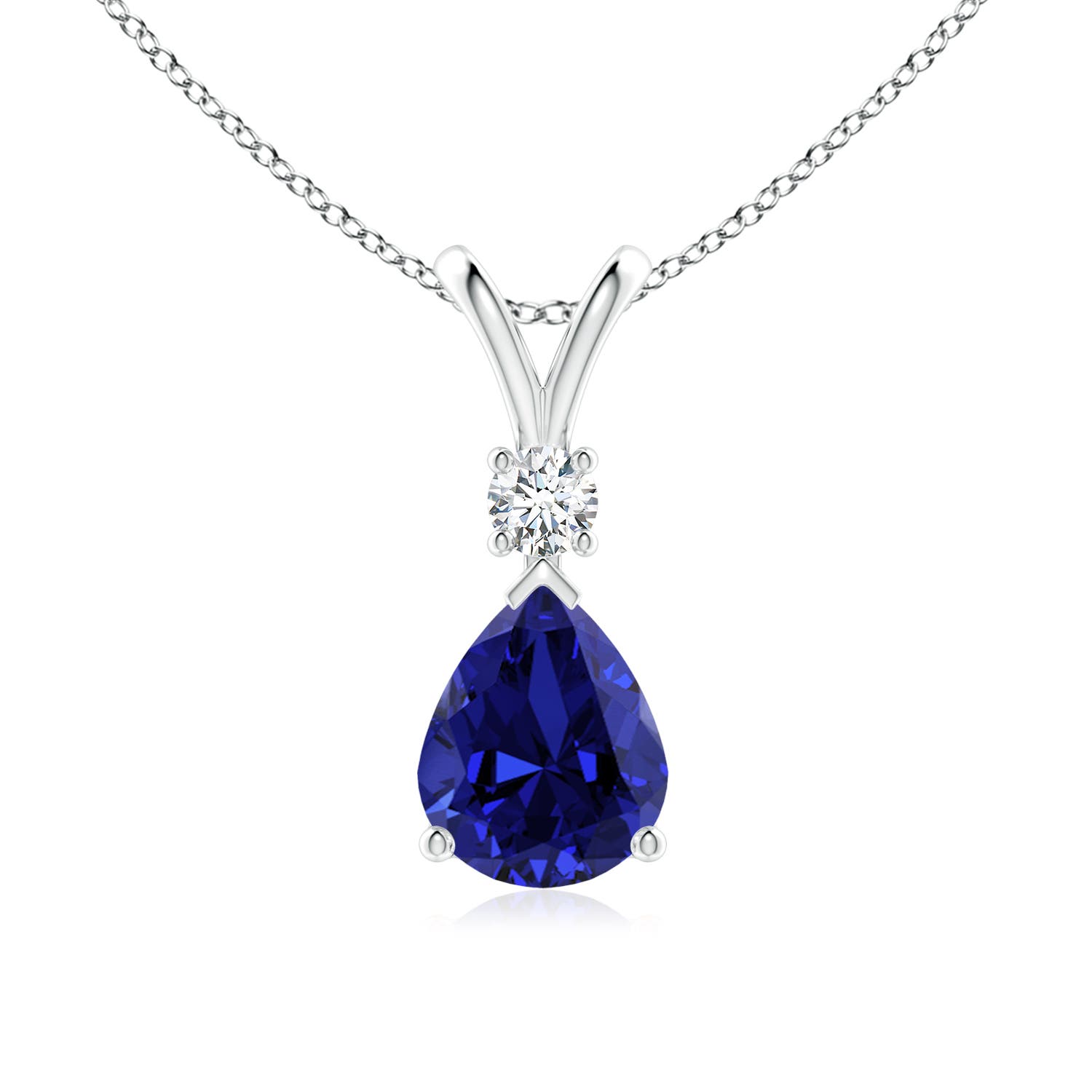 10x8mm Labgrown Prong-Set Lab-Grown Blue Sapphire Teardrop V-Bale Pendant with Diamond in 18K White Gold