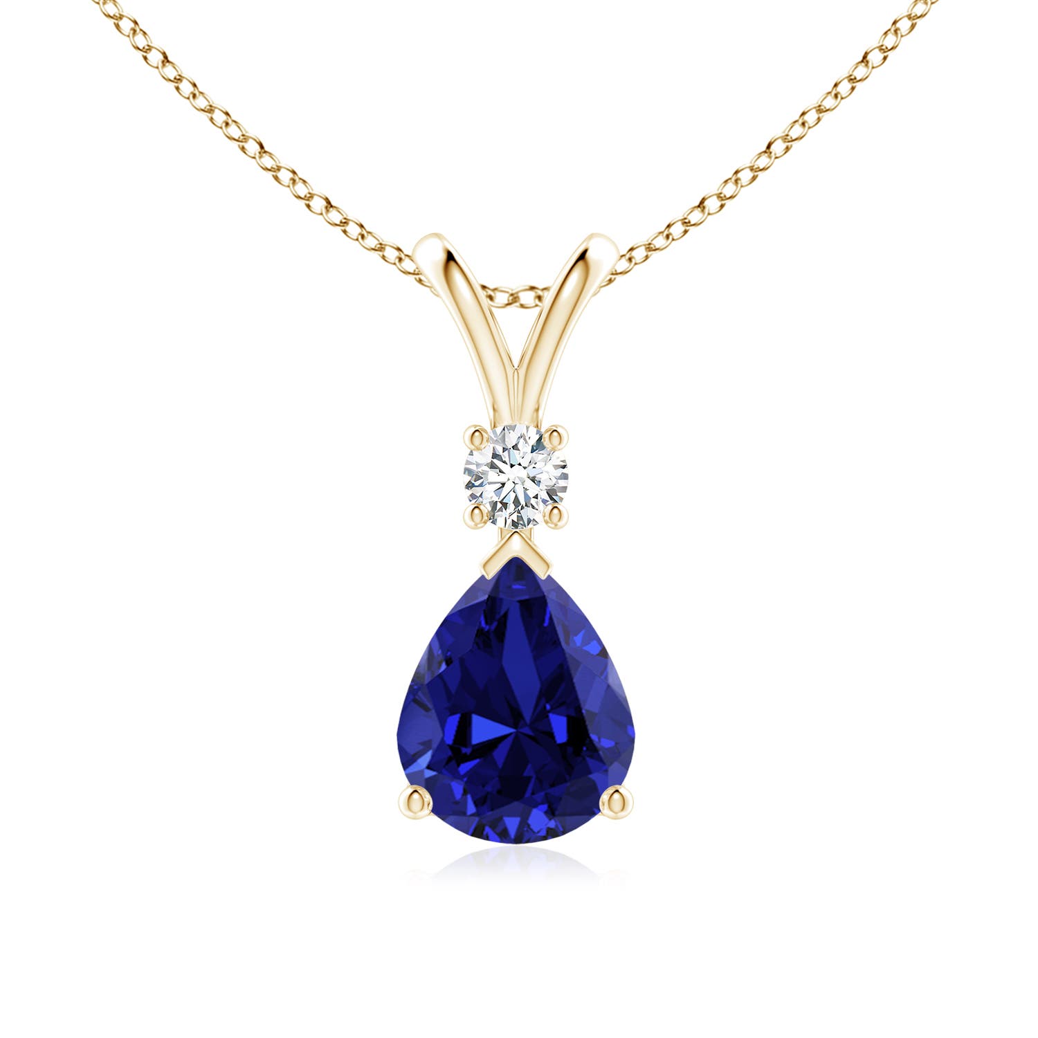 10x8mm Labgrown Prong-Set Lab-Grown Blue Sapphire Teardrop V-Bale Pendant with Diamond in 18K Yellow Gold
