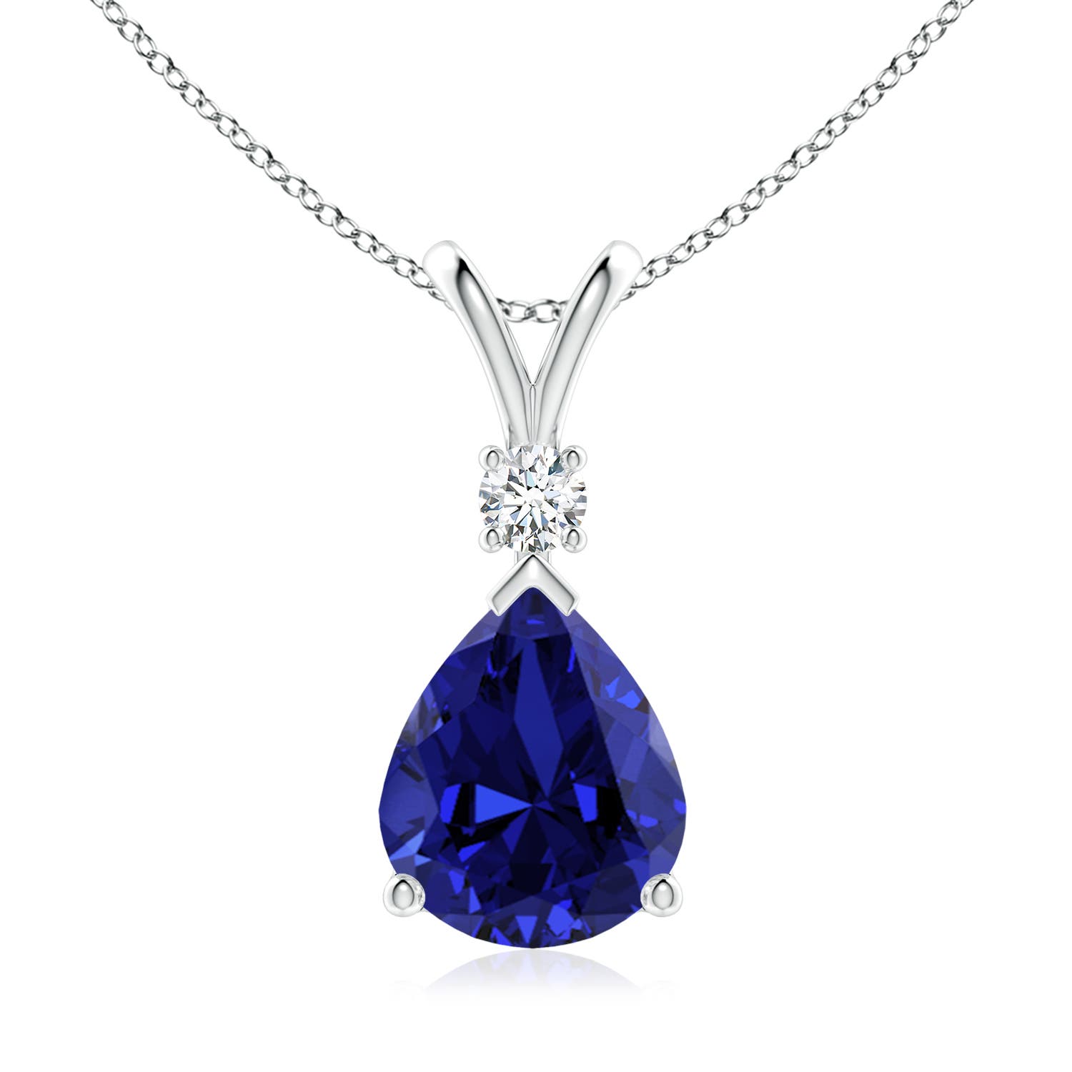 12x10mm Labgrown Prong-Set Lab-Grown Blue Sapphire Teardrop V-Bale Pendant with Diamond in 18CT White Gold