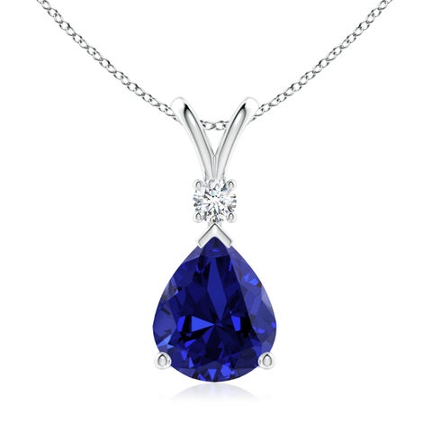 12x10mm Labgrown Prong-Set Lab-Grown Blue Sapphire Teardrop V-Bale Pendant with Diamond in S999 Silver