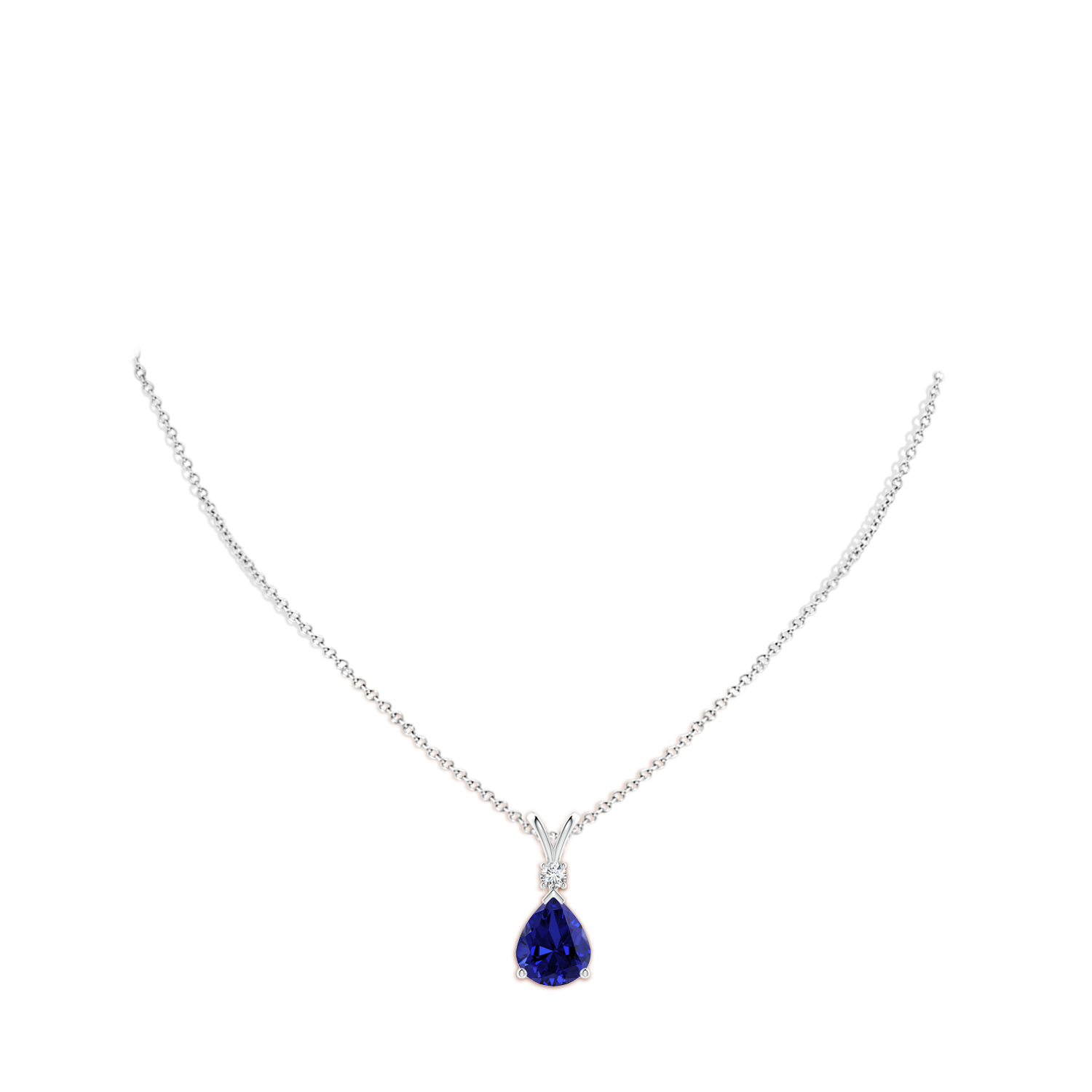 12x10mm Labgrown Prong-Set Lab-Grown Blue Sapphire Teardrop V-Bale Pendant with Diamond in White Gold - body_neck