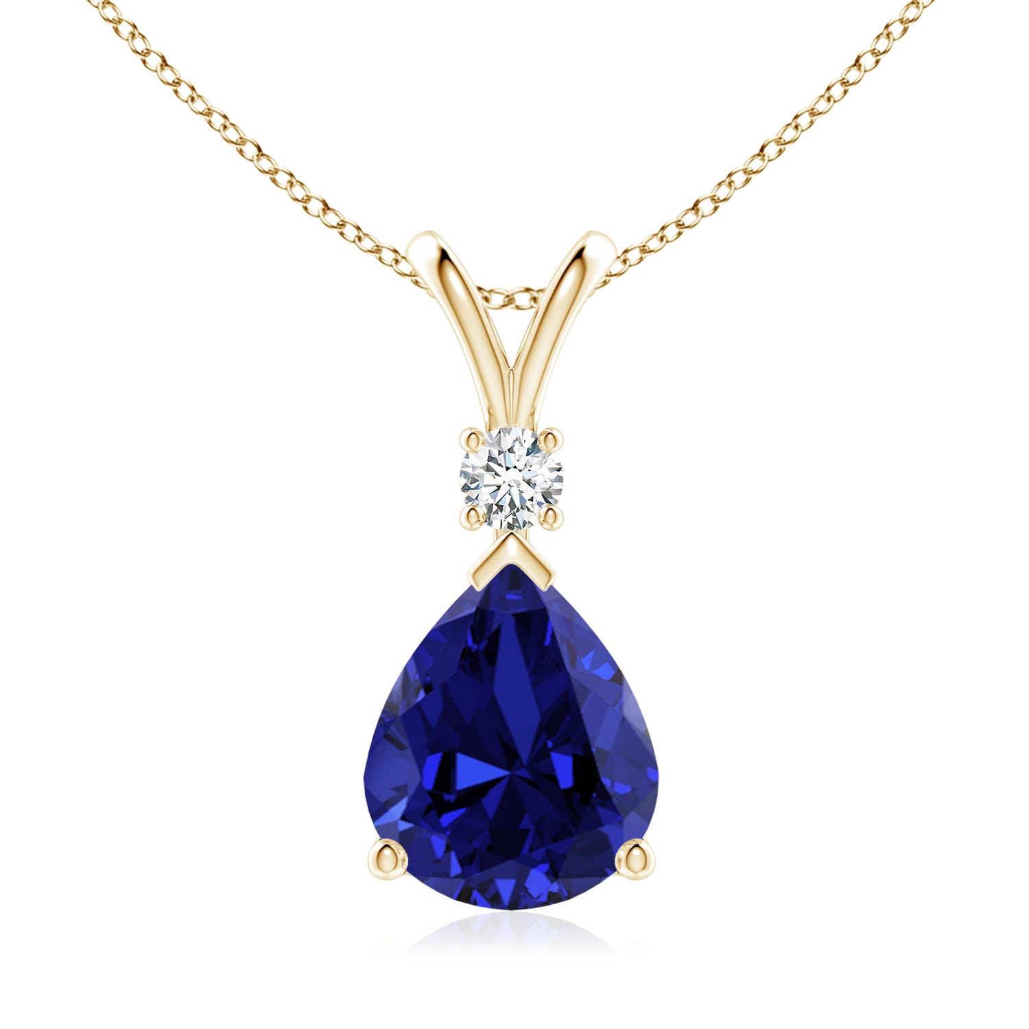 12x10mm Labgrown Prong-Set Lab-Grown Blue Sapphire Teardrop V-Bale Pendant with Diamond in Yellow Gold