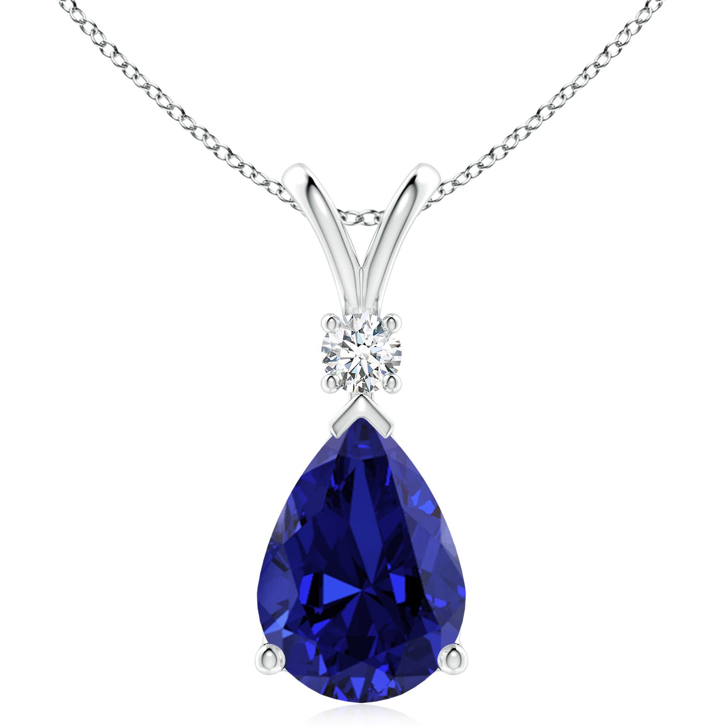 14x10mm Labgrown Prong-Set Lab-Grown Blue Sapphire Teardrop V-Bale Pendant with Diamond in 18K White Gold