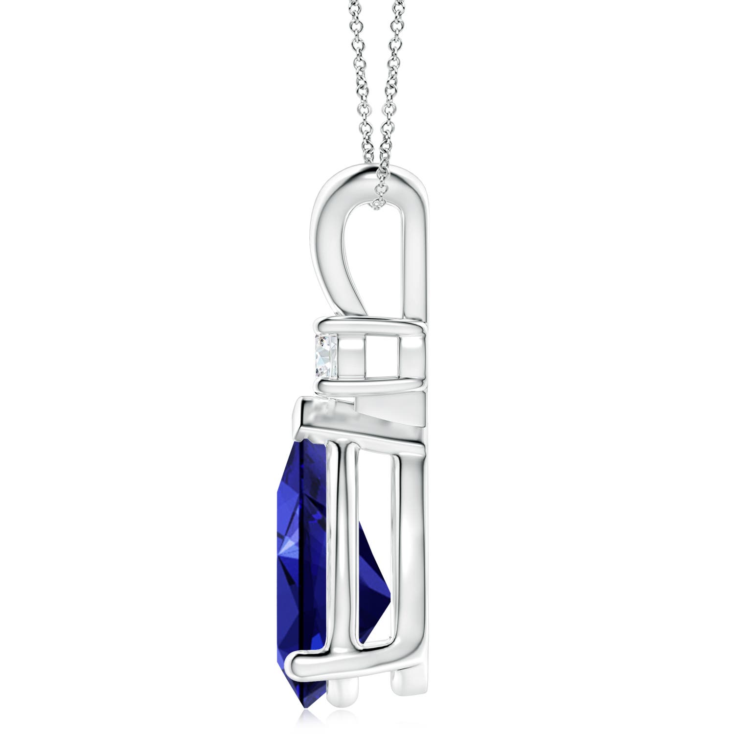 14x10mm Labgrown Prong-Set Lab-Grown Blue Sapphire Teardrop V-Bale Pendant with Diamond in 18K White Gold