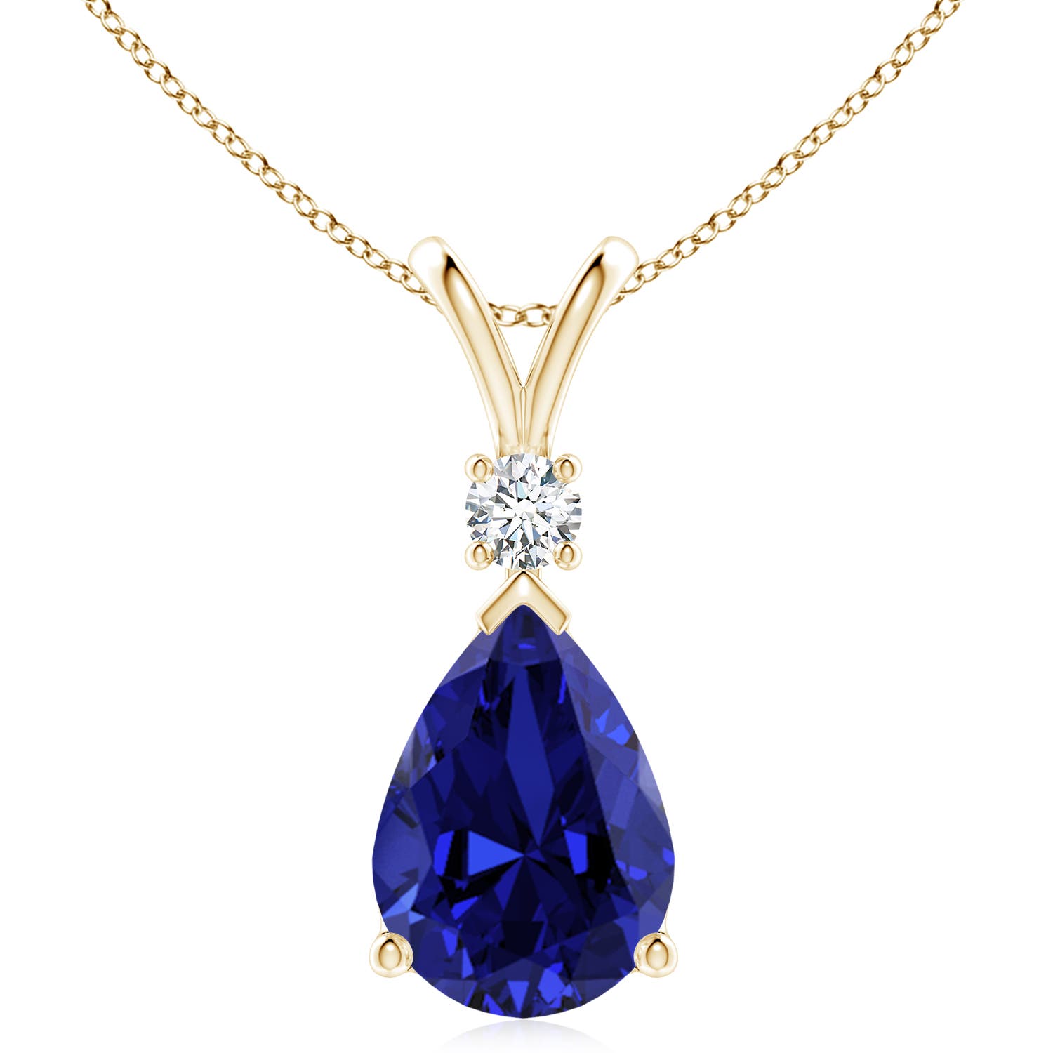 14x10mm Labgrown Prong-Set Lab-Grown Blue Sapphire Teardrop V-Bale Pendant with Diamond in 18CT Yellow Gold