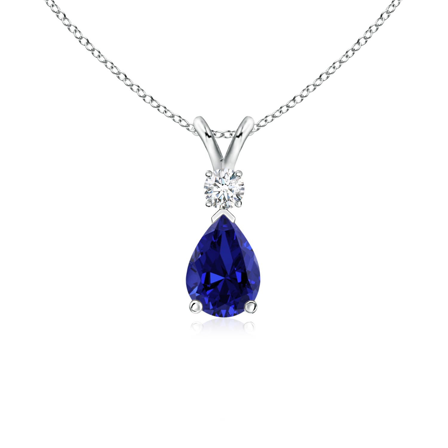 7x5mm Labgrown Prong-Set Lab-Grown Blue Sapphire Teardrop V-Bale Pendant with Diamond in P950 Platinum
