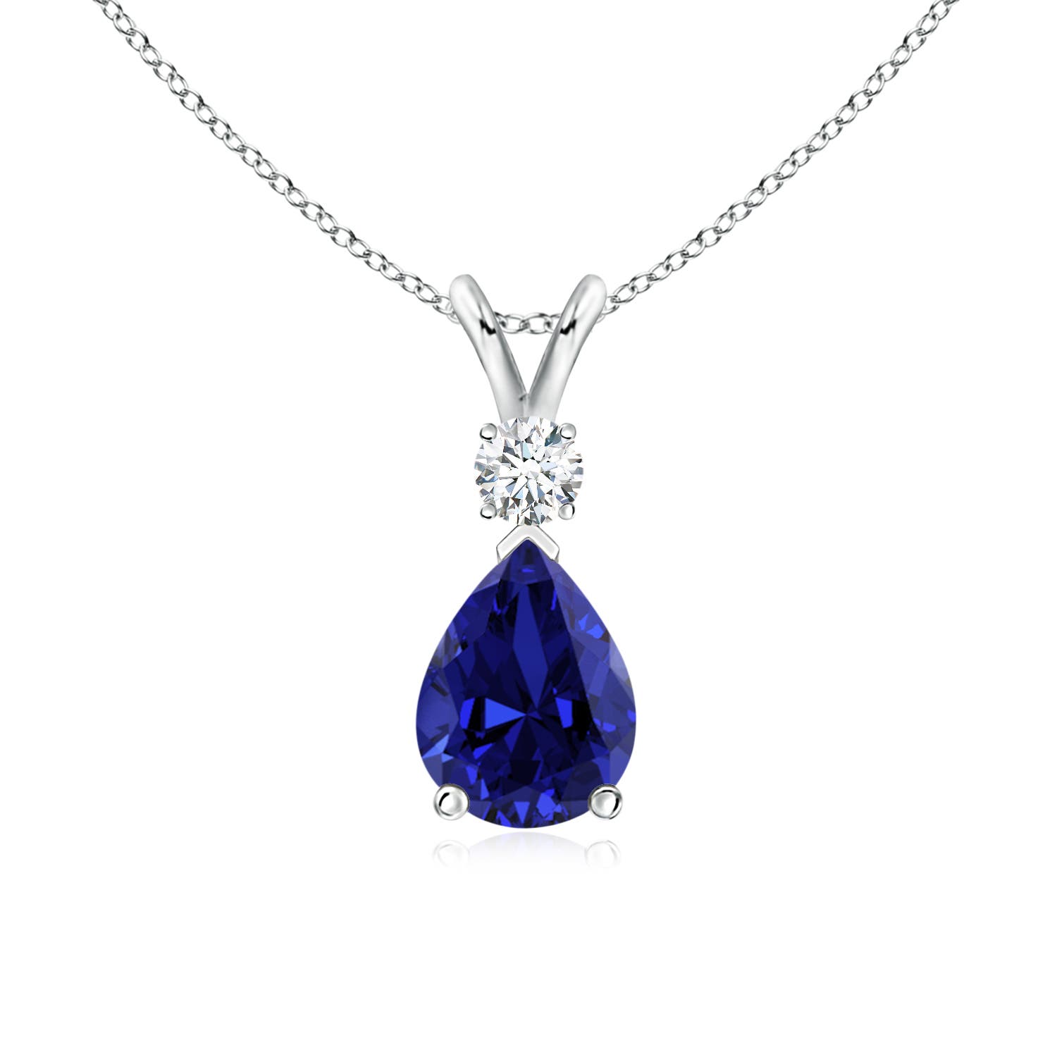 8x6mm Labgrown Prong-Set Lab-Grown Blue Sapphire Teardrop V-Bale Pendant with Diamond in P950 Platinum