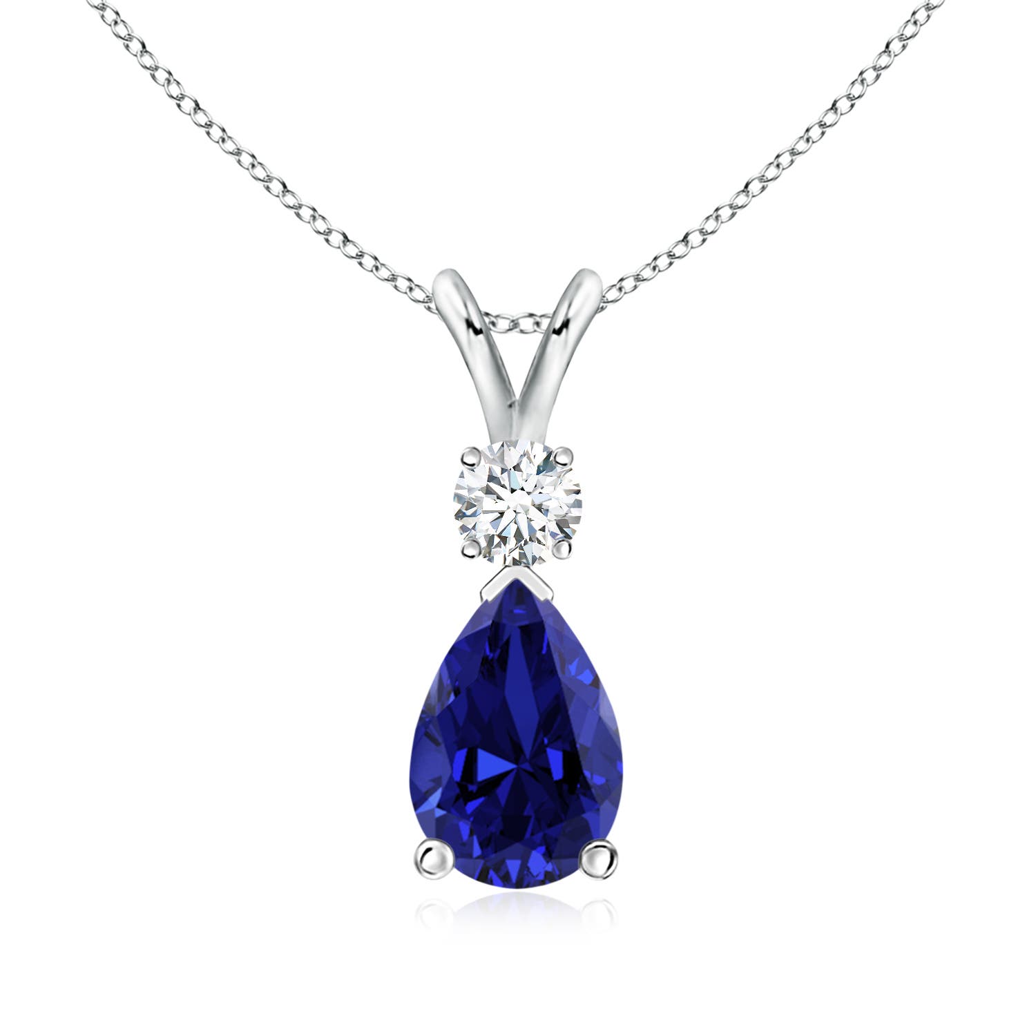 9x6mm Labgrown Prong-Set Lab-Grown Blue Sapphire Teardrop V-Bale Pendant with Diamond in S999 Silver