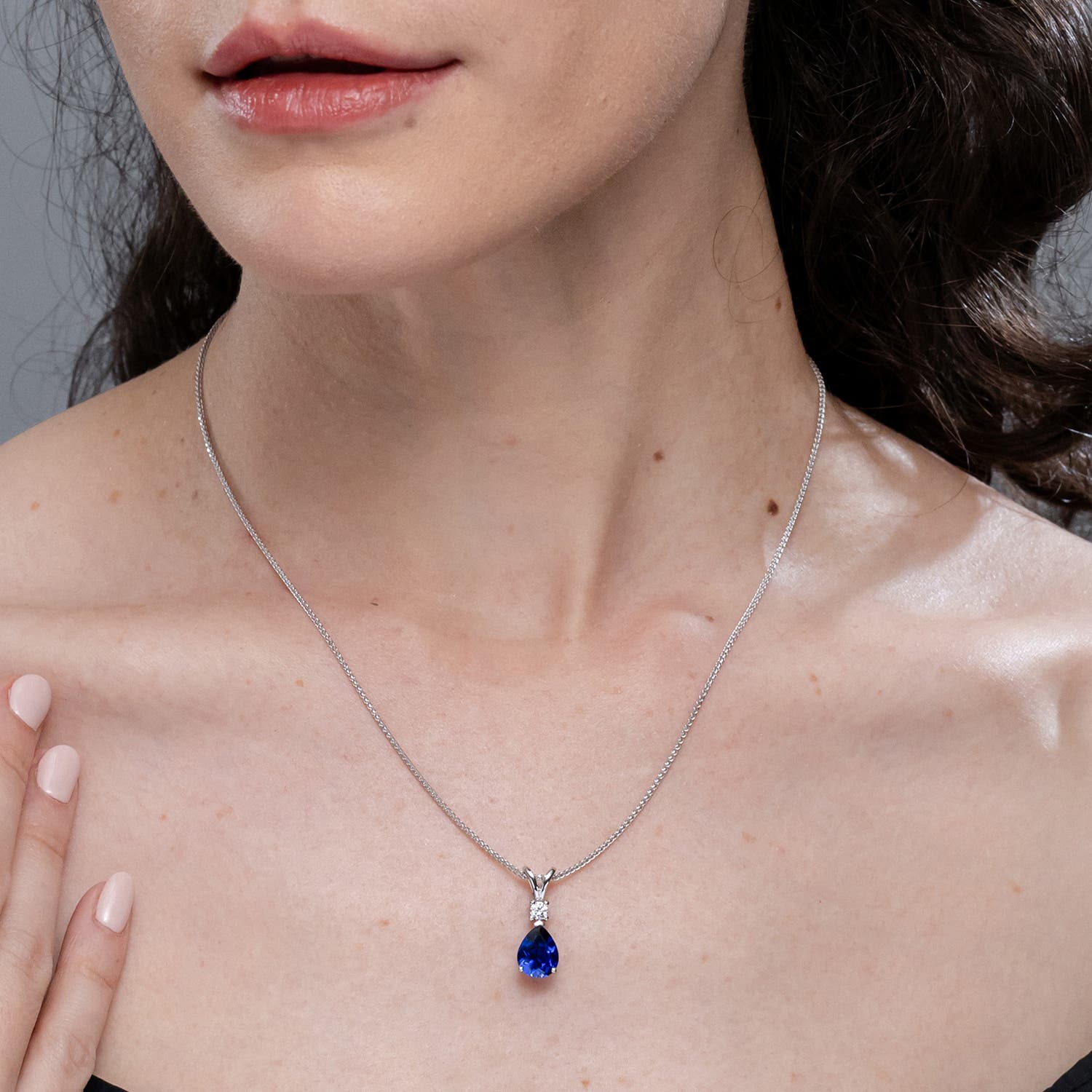 Lab-Grown Blue Sapphire Teardrop Pendant with Lab Diamond