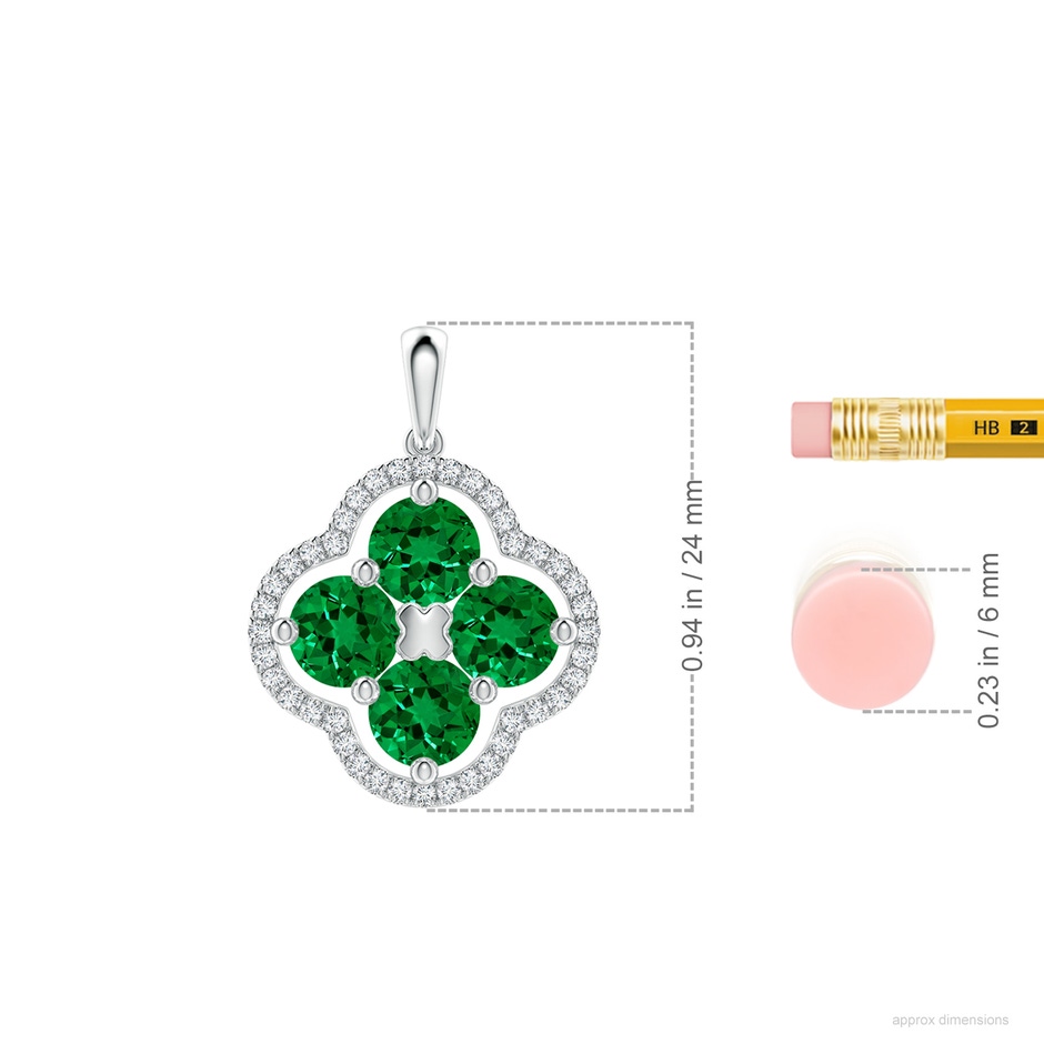 5mm Labgrown Lab-Grown Diamond Framed Lab Emerald Clover Pendant in 18K White Gold ruler