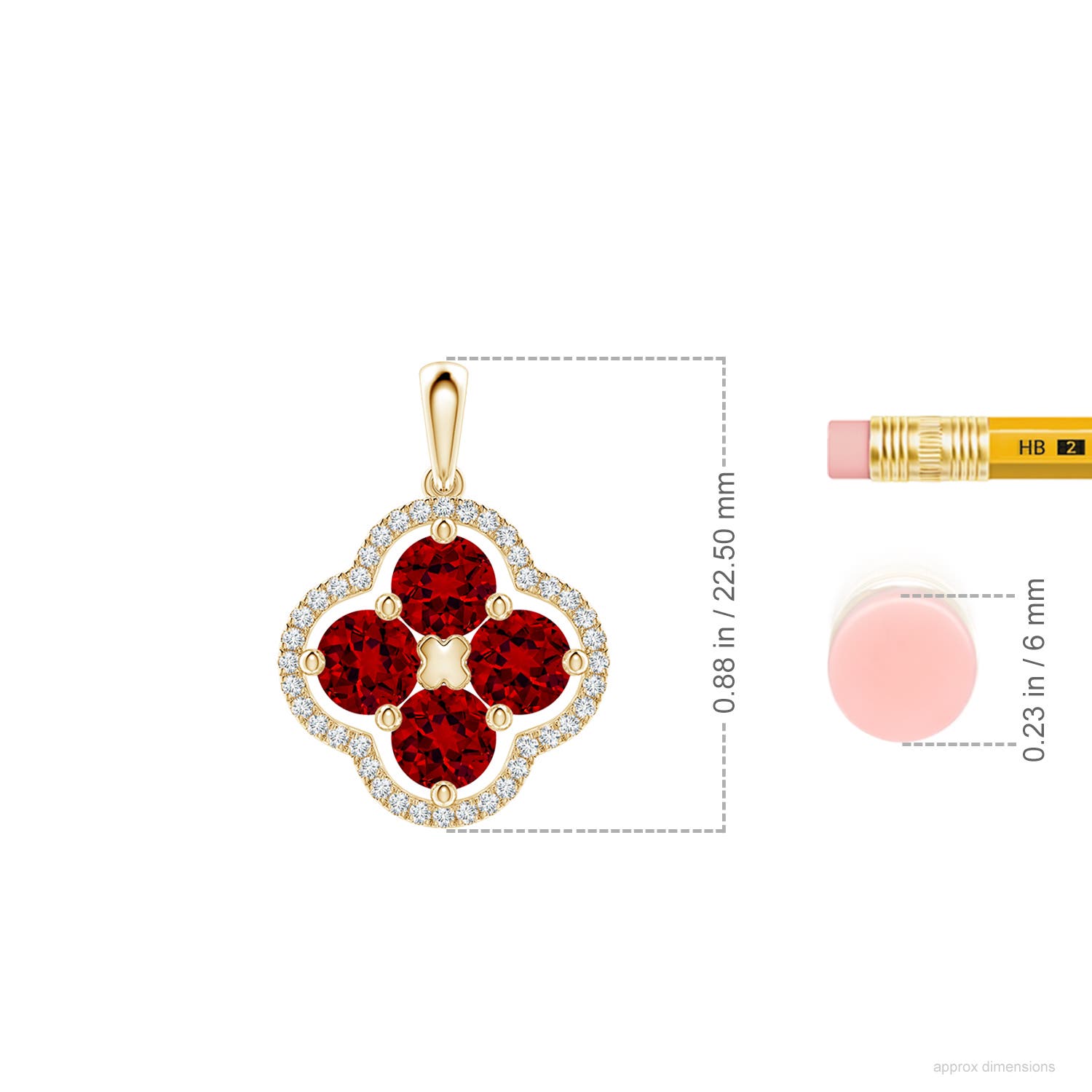 4.5mm Labgrown Lab-Grown Diamond Framed Lab Ruby Clover Pendant in Yellow Gold - ruler