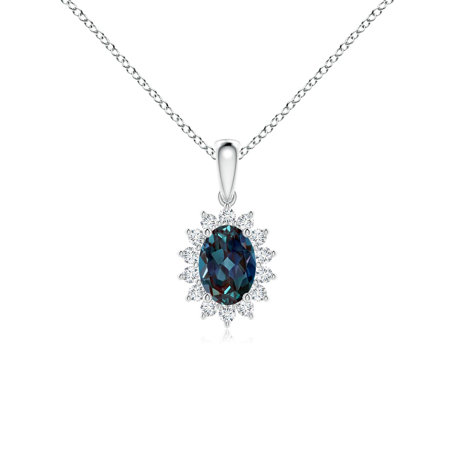 Ovaler, im Labor gezüchteter Alexandrit-Anhänger (7 x 5 mm) mit floralem Diamant-Halo in P950-Platin