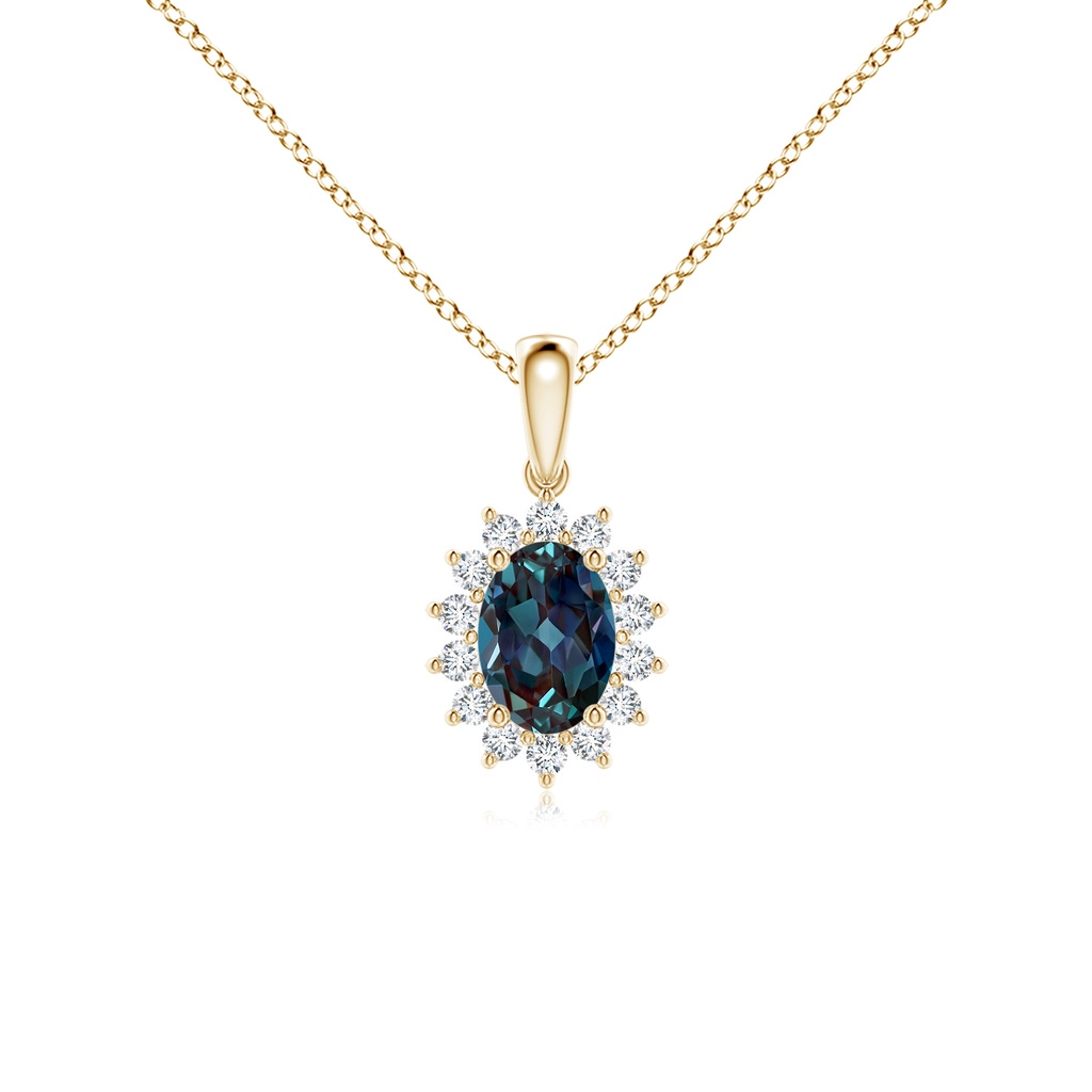 7x5mm Labgrown Oval Lab-Grown Alexandrite Pendant with Floral Diamond Halo in Yellow Gold