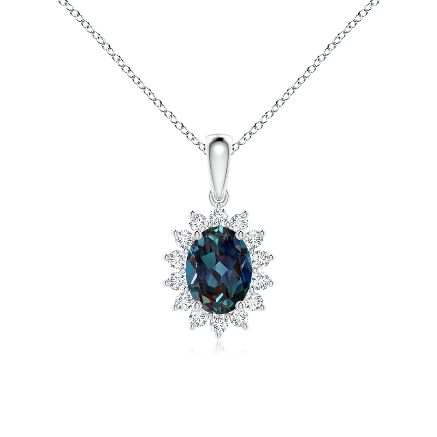 8x6mm Labgrown Oval Lab-Grown Alexandrite Pendant with Floral Diamond Halo in 18K White Gold