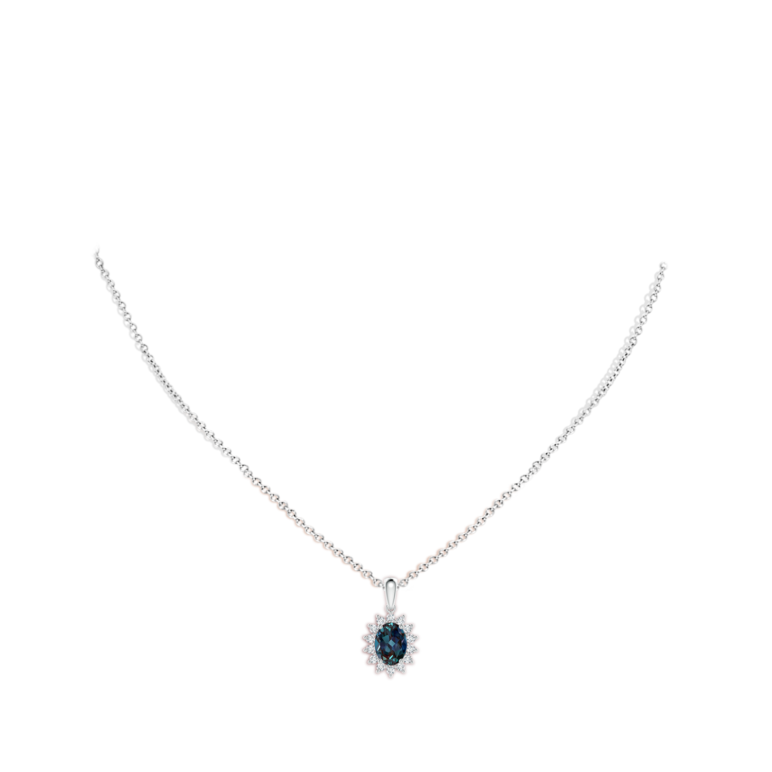 8x6mm Labgrown Oval Lab-Grown Alexandrite Pendant with Floral Diamond Halo in White Gold - body_neck