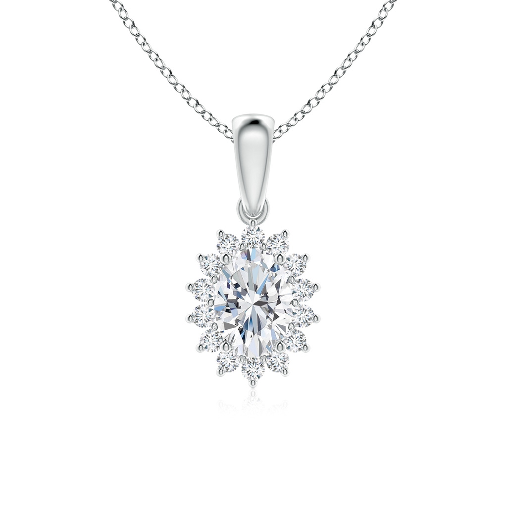 7.3x5.2mm FGVS Lab-Grown Oval Diamond Pendant with Floral Halo in White Gold