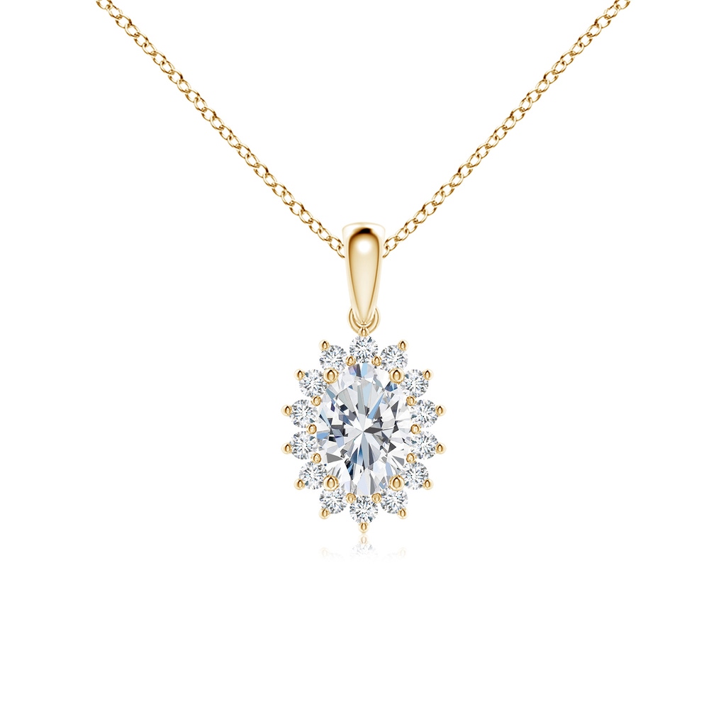 7.3x5.2mm FGVS Lab-Grown Oval Diamond Pendant with Floral Halo in Yellow Gold