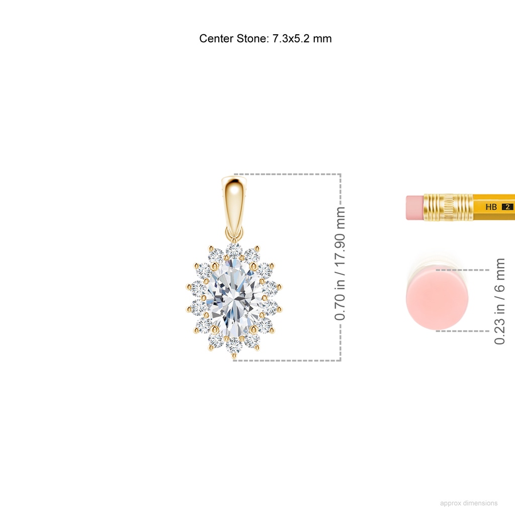 7.3x5.2mm FGVS Lab-Grown Oval Diamond Pendant with Floral Halo in Yellow Gold ruler