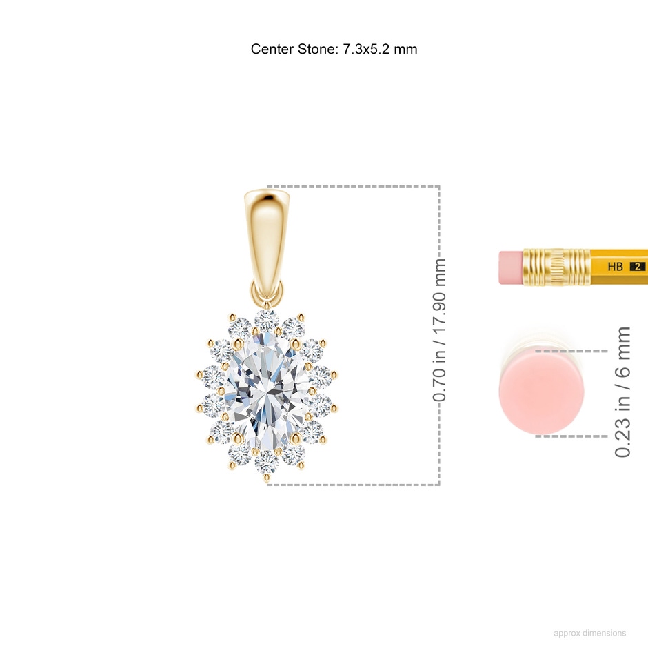 7.3x5.2mm FGVS Lab-Grown Oval Diamond Pendant with Floral Halo in Yellow Gold ruler